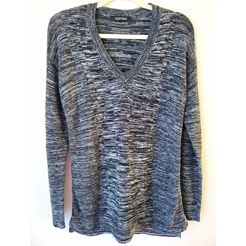 Ellen Tracy Black Ivory Striped Marled Knit V-Neck Pullover Sweater Womens M/L